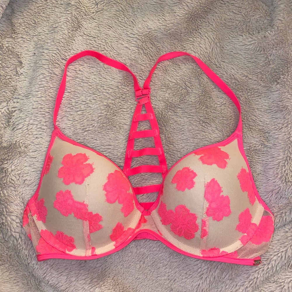 PINK Floral mesh detailed Racerback Bra